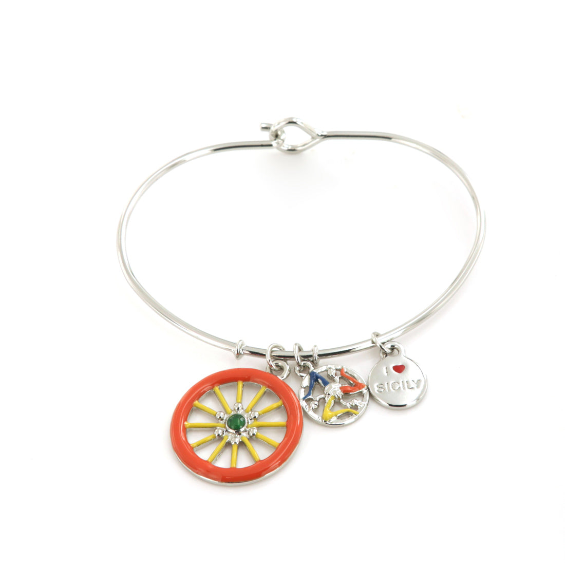 Rigid metal bracelet, with a Sicilian cart wheel pending embellished with colored glazes
