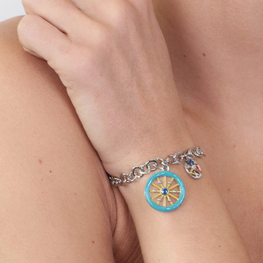 Rolò shirt metal bracelet, with a Sicilian cart wheel pending embellished with colored glazes