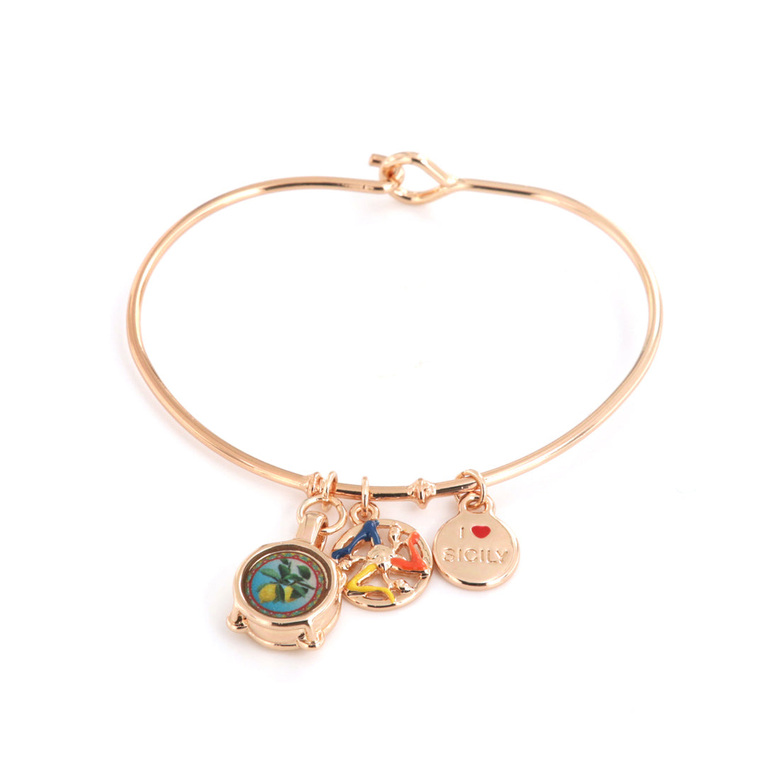Rigid metal bracelet, with pendant drum and lemon design of Sicily embellished with colored glazes