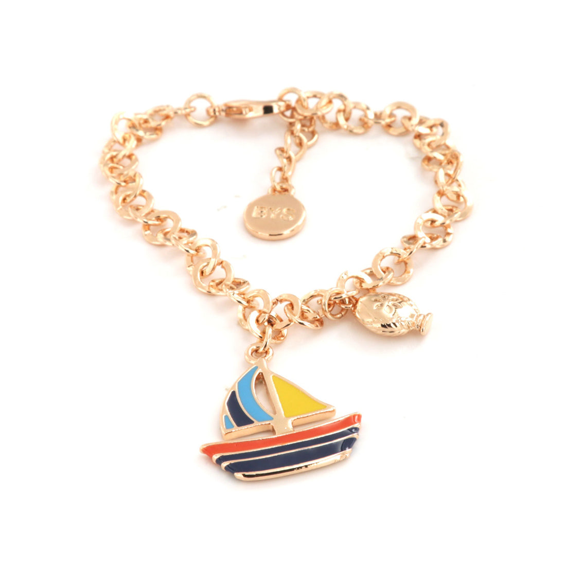 Metal bracelet with pendant boat, embellished with colored enamels and mini pumo on the side