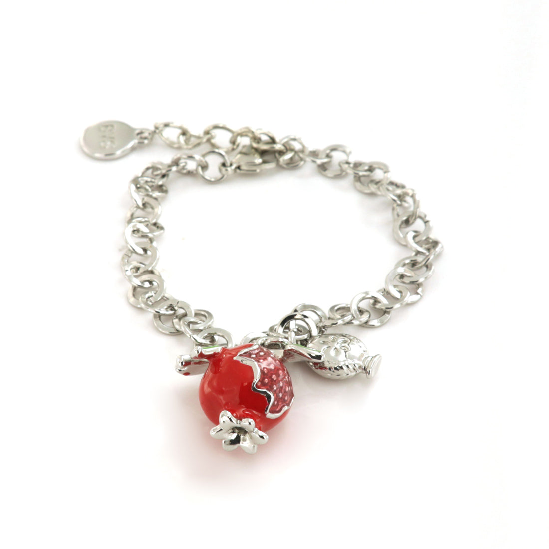 Metal bracelet with pendant pomegranate embellished with colored enamels and small pump on the side