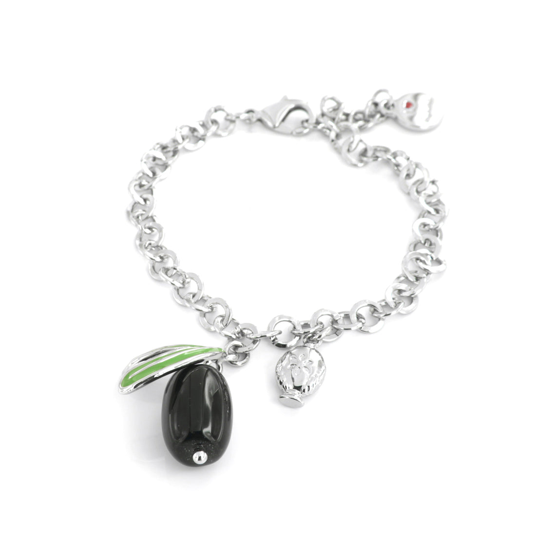 Metal bracelet with pendant olive embellished with colored enamels and mini pumo on the side
