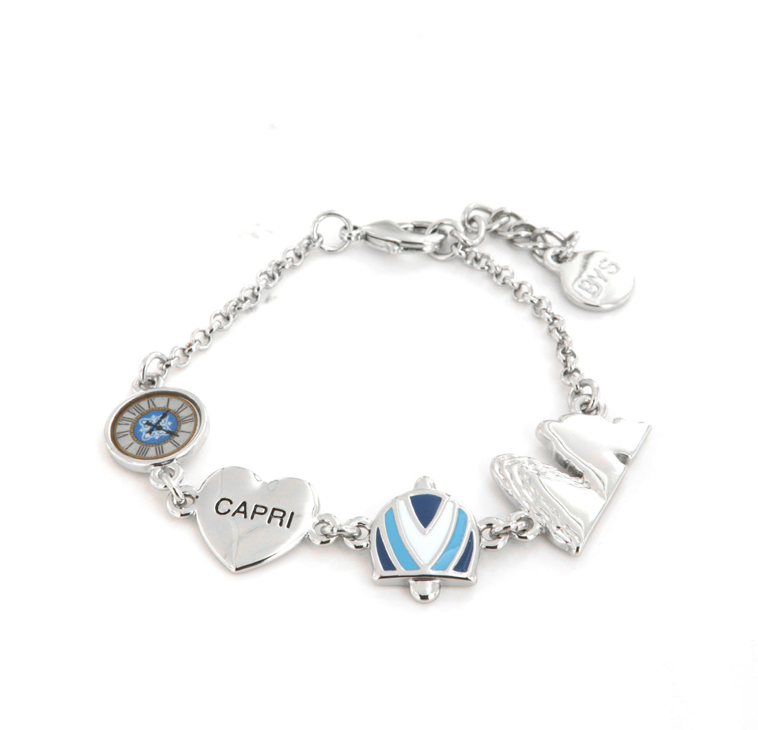 Metal bracelet with symbols inspired by the island of Capri, embellished with colored glazes