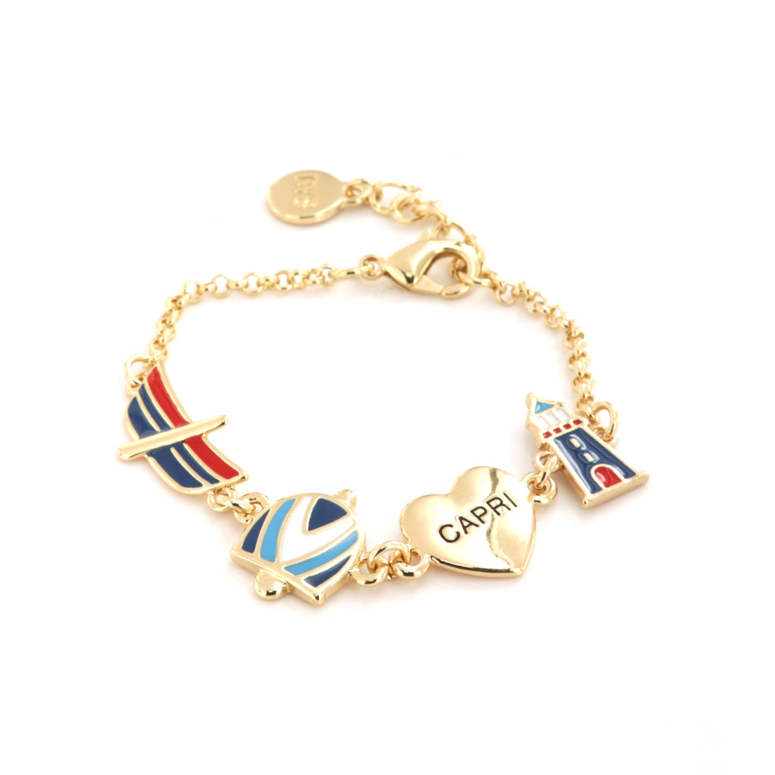 Metal bracelet with symbols inspired by the island of Capri, embellished with colored glazes