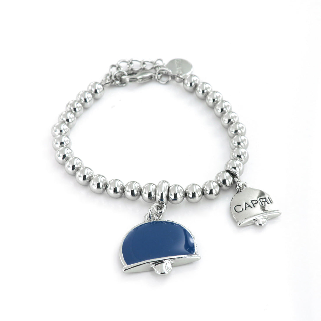 Metal bracelet spheres shirt, with dual crushed bell charm, embellished with blue enamel