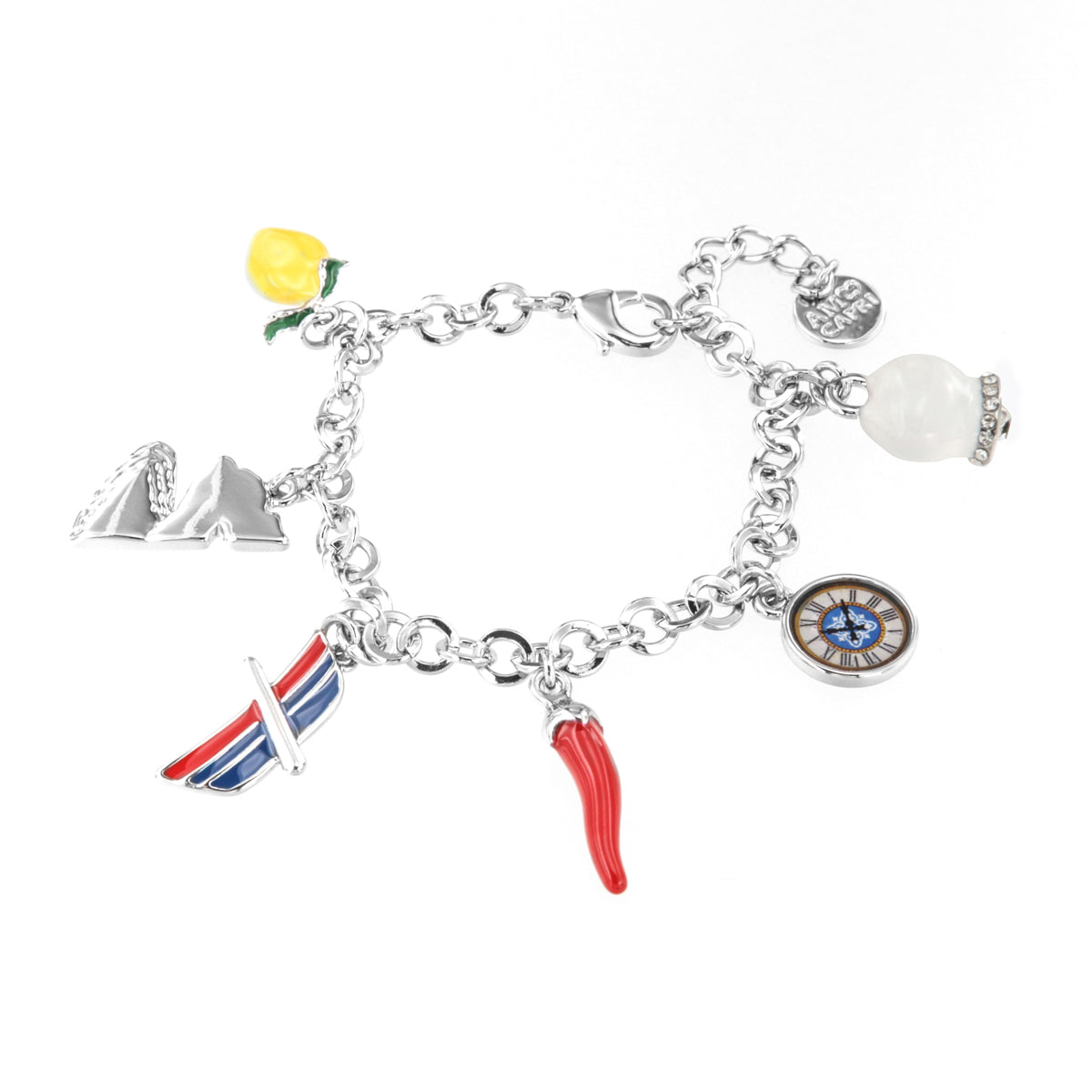 Metal bracelet with charms inspired by the island of Capri, embellished with colored enamels and crystals