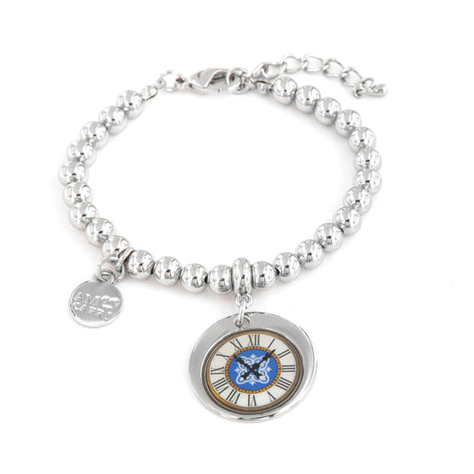 Metal bracelet spheres shirt, with capri clock symbol with colored glazes