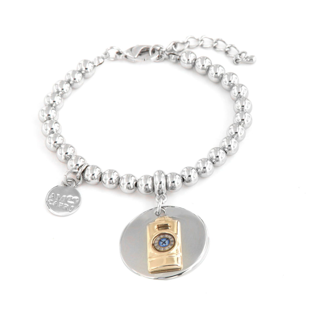 Metal bracelet spheres shirt, with a capri clock tower symbol medallion.