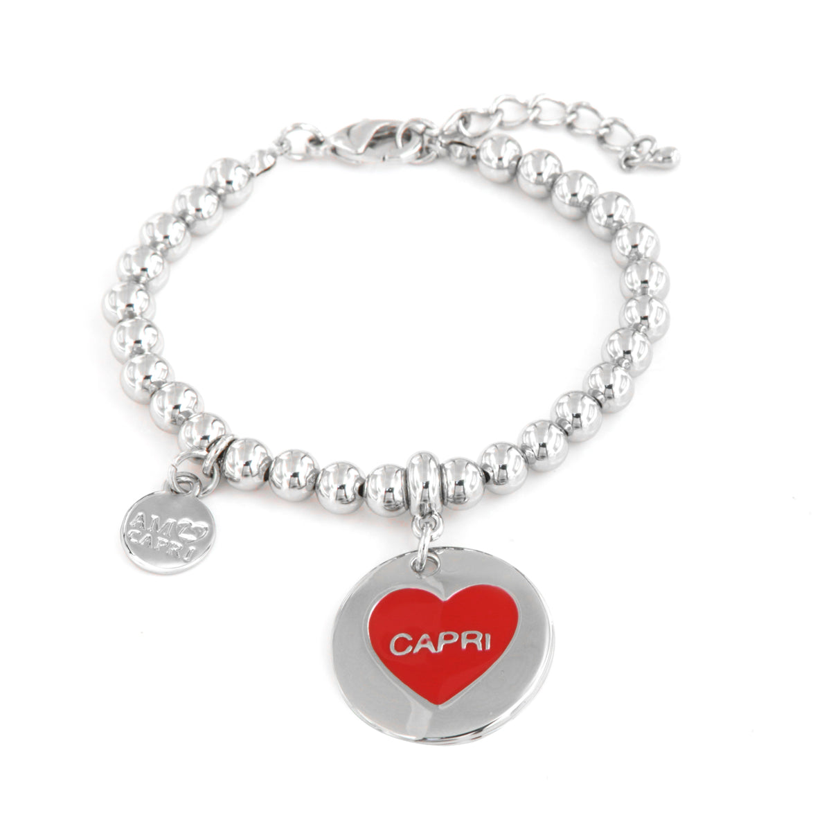 Metal bracelet spheres, with Capri medallion in the heart, in red enamel
