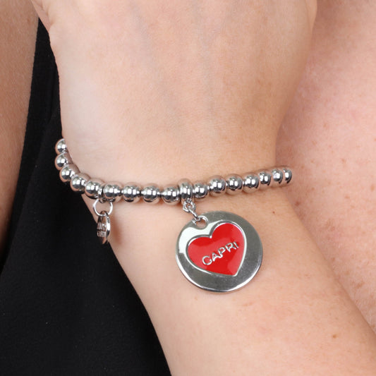 Metal bracelet spheres, with Capri medallion in the heart, in red enamel