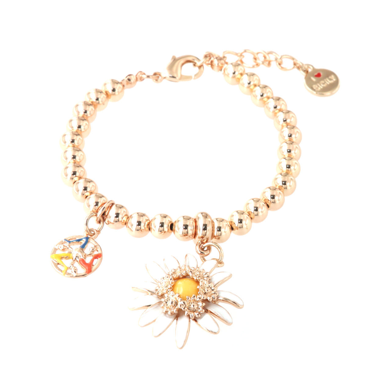 Metal bracelet spheres shirt, with Margerita pendant embellished with colored glazes