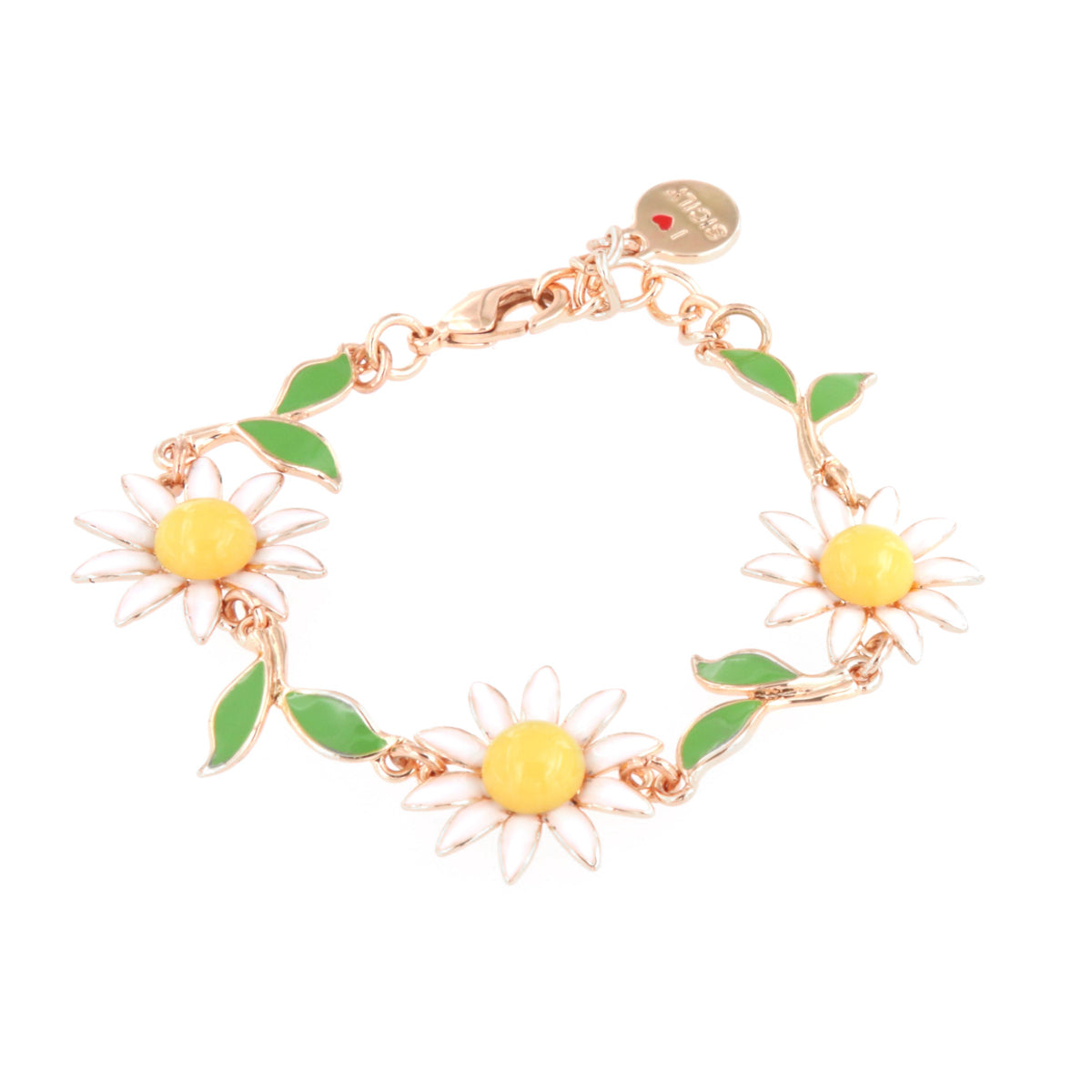 Metal bracelet Rolò jersey with tris of daisies and leaves, embellished with colored glazes