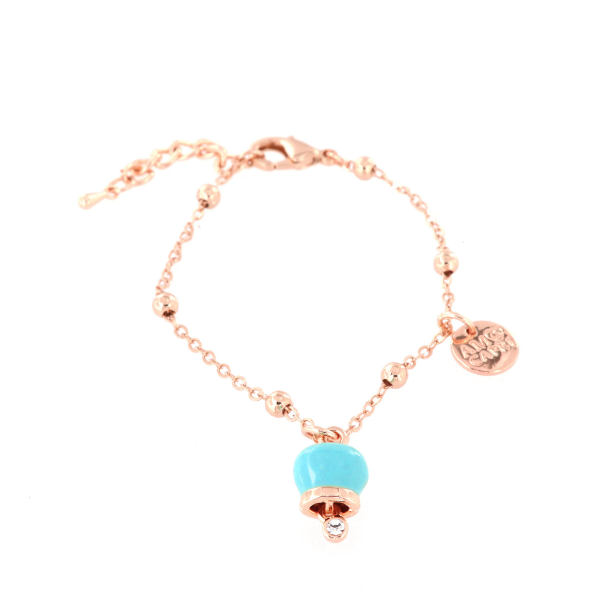 Metal bracelet with pendant lucky charm, embellished with turquoise enamel and light point