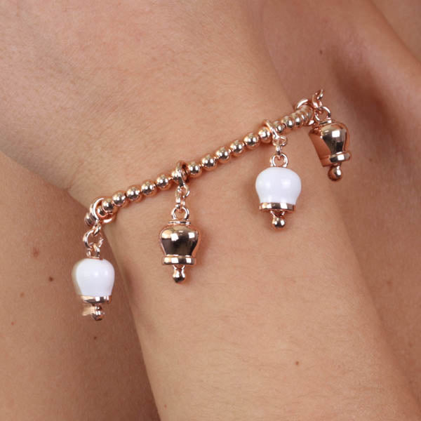 Metal bracelet ball jersey, with charcoal bells pendants, embellished with white enamel and crystals