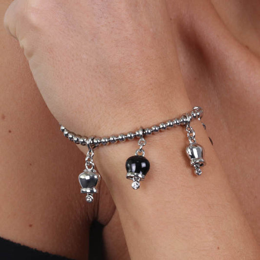 Metal bracelet ball jersey, with charcoal bells pendants, embellished with black enamel and crystals
