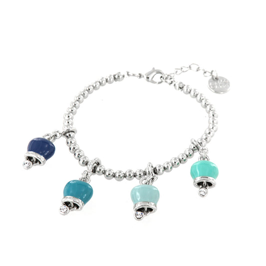 Metal bracelet with four bells in the gradations of blue