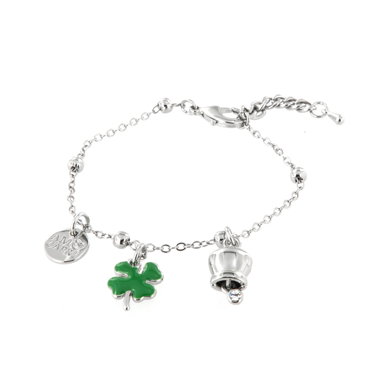 Metal bracelet with bell and four -leaf clover in green enamel