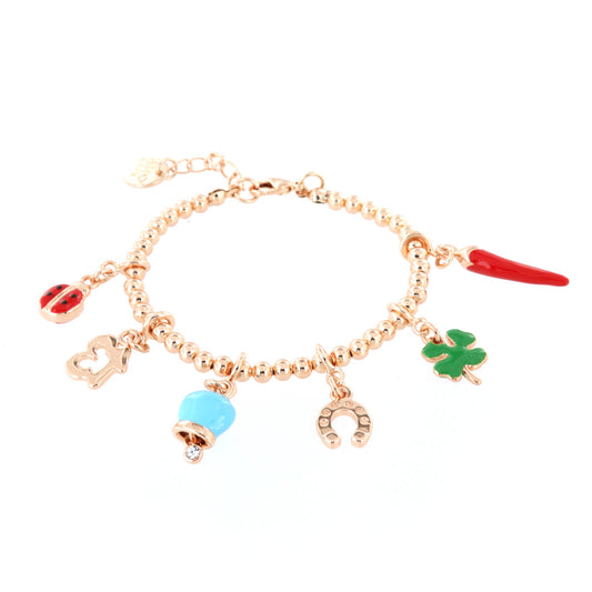 Metal bracelet with Neapolitan horn, four -leaf clover, ladybug, Campana Capri