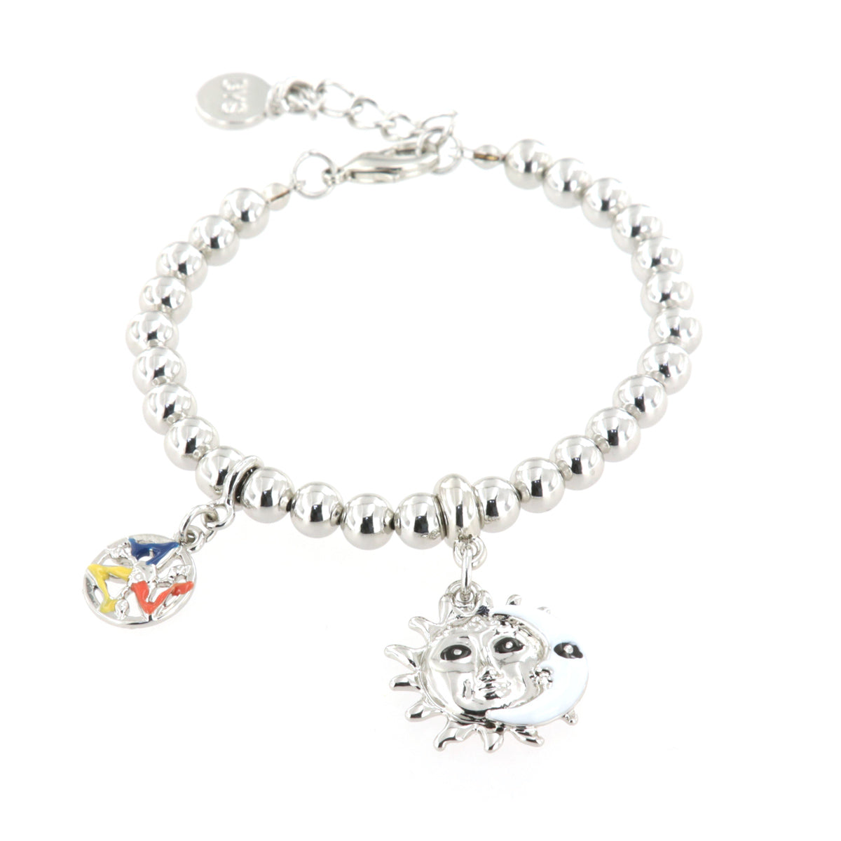 Metal bracelet spheres with charm sun and moon pendant, embellished with white enamel