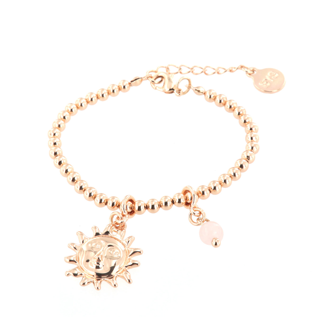 Metal bracelet spheres, with sun and pink bead, pendants