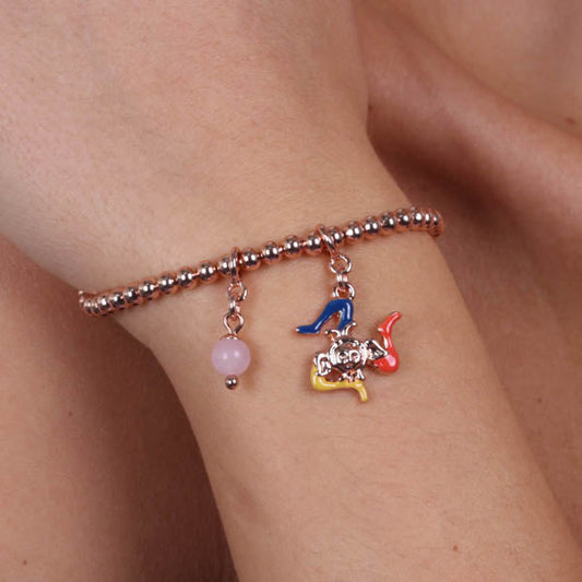 Metal bracelet with small ball jersey, with Trinacria embellished with glazes and pink bead, pendants