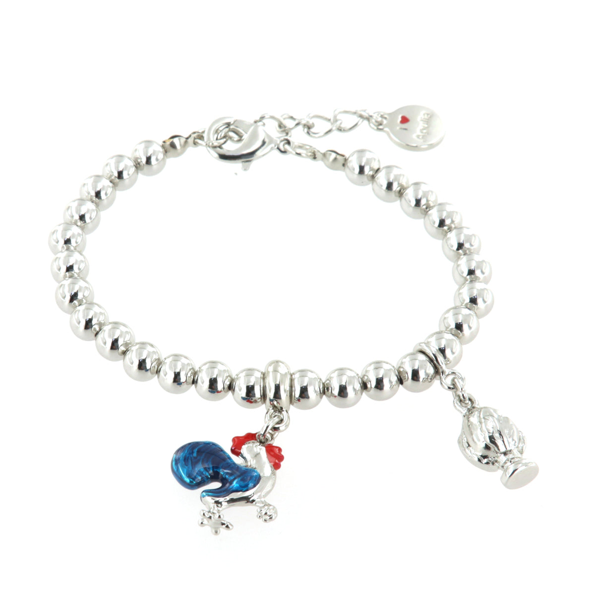 Metal bracelet with pendant rooster embellished with colored enamels and mini pendant pumo