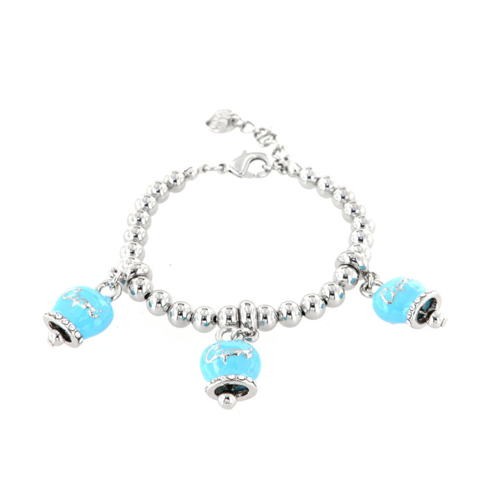 Metal bracelet spheres shirt, with three blue enameled lucky charming bells and crystals