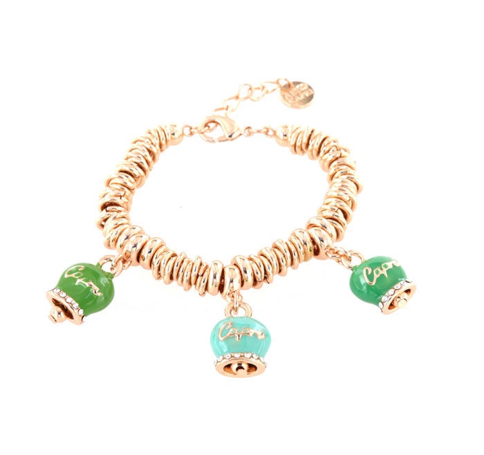 Metal bracelet with lucky bells in the shades of green