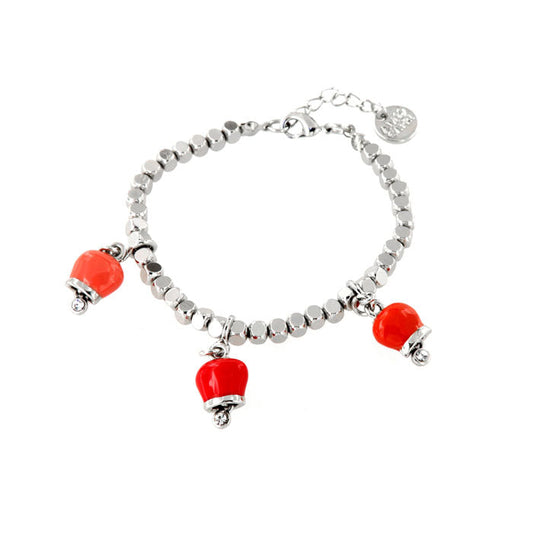 Metal bracelet with three red colored bells and white crystals