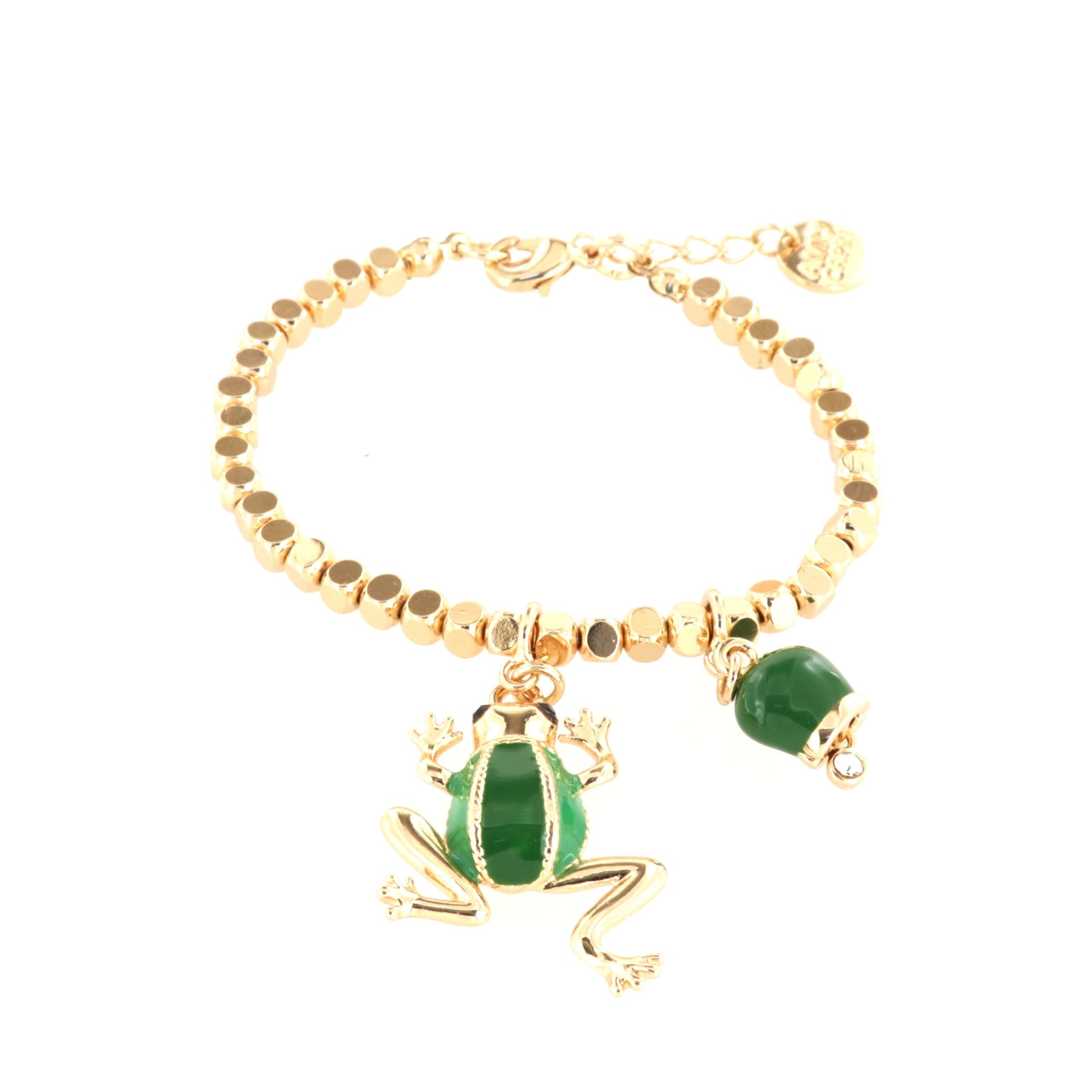 Metal bracelet with pendant frog and bell, embellished with green enamel