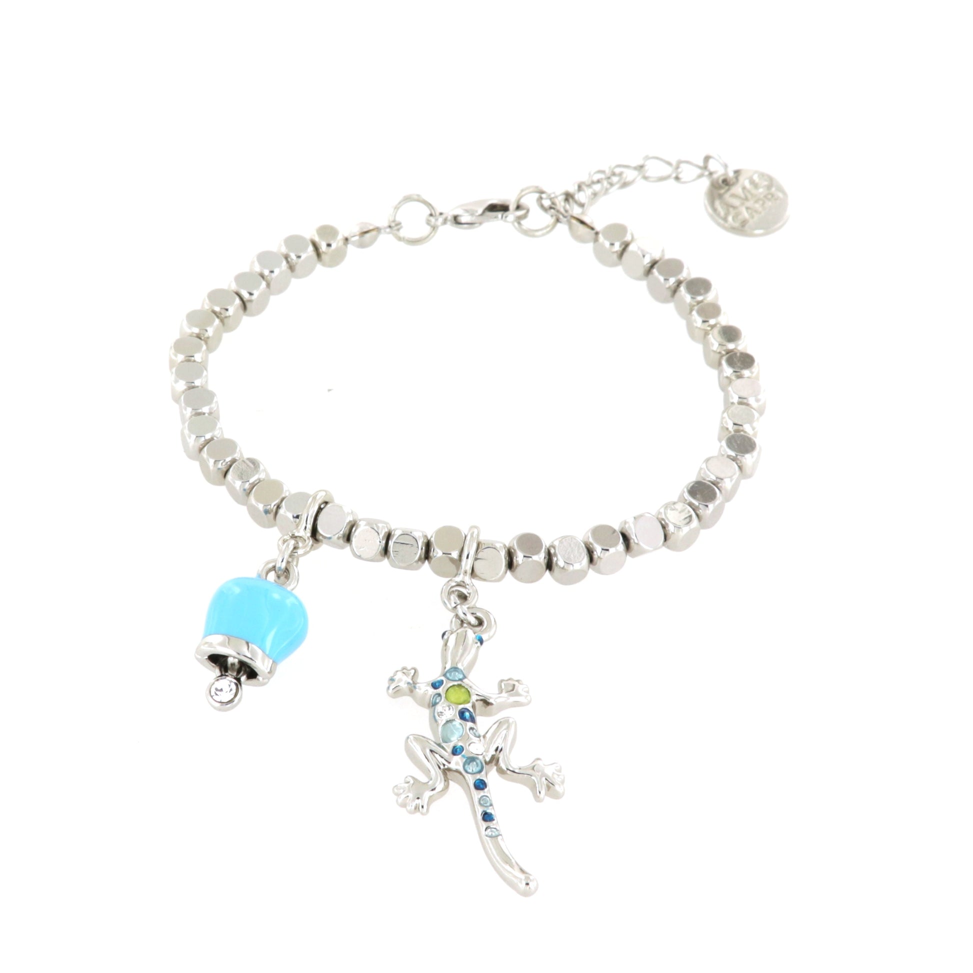 Metal bracelet with gecko pendant embellished with multicolored crystals and skewer bells in turquoise enamel
