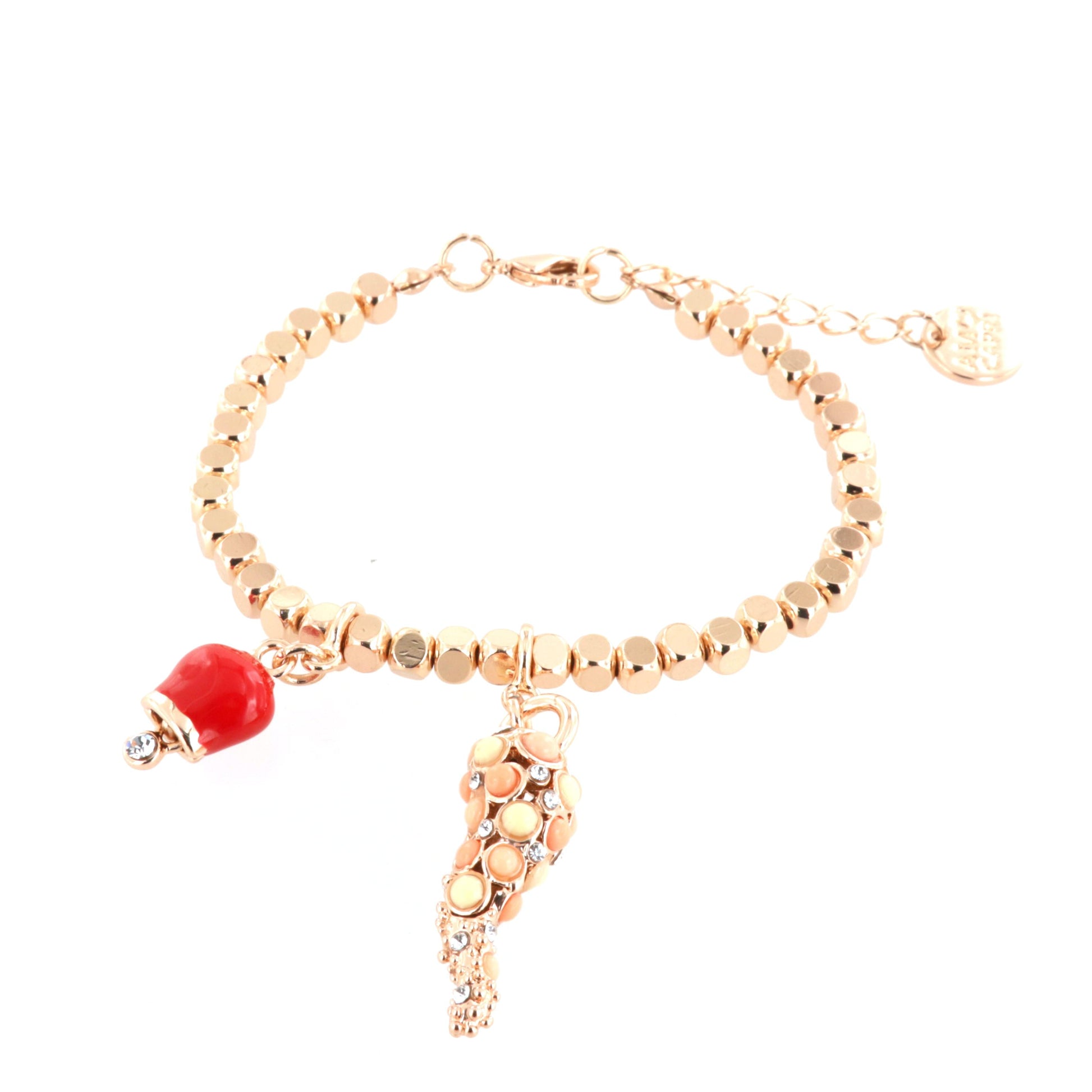 Metal bracelet with charming horn with pink crystals and red bell