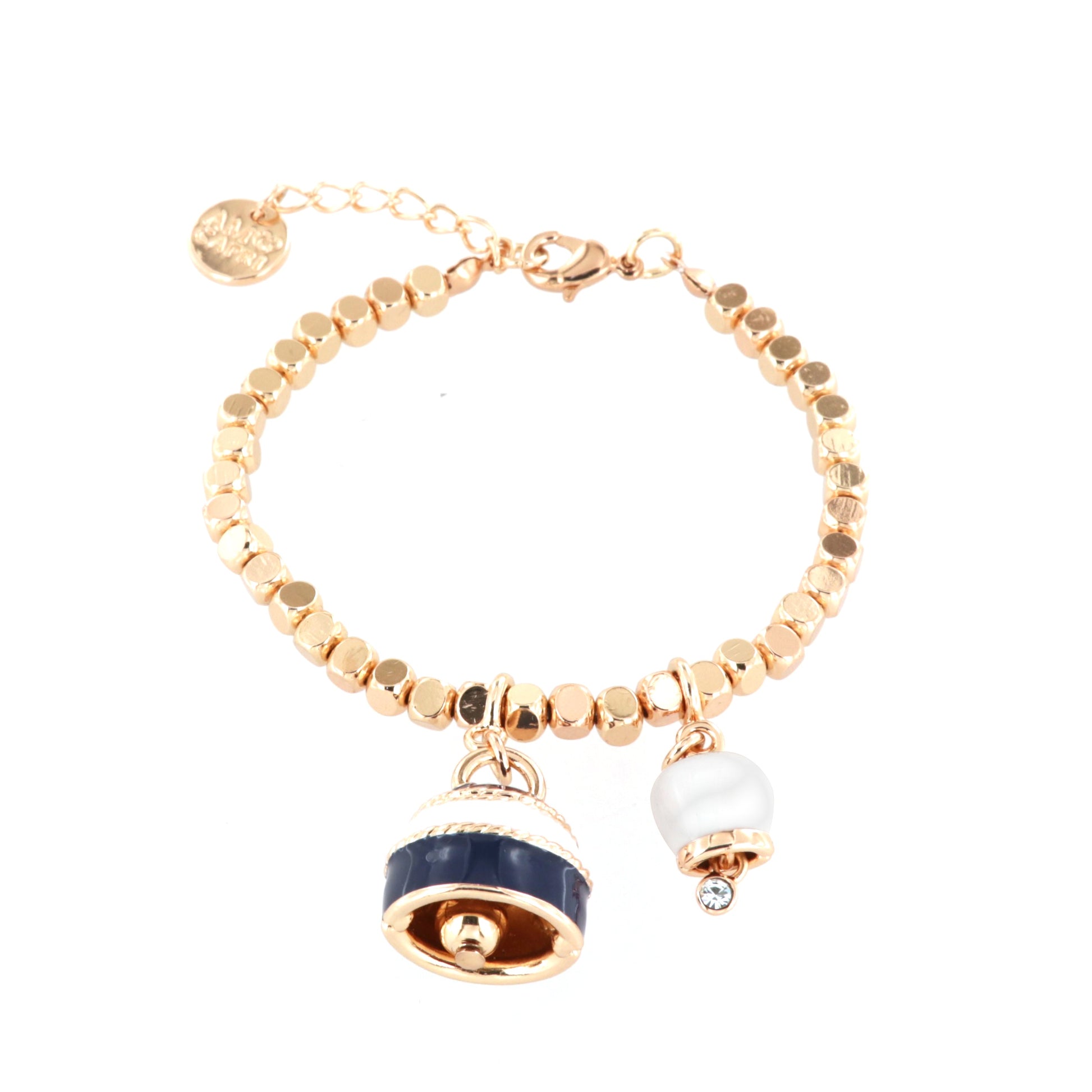Metal bracelet with double pendant bell embellished with white, blue and crystals enamels