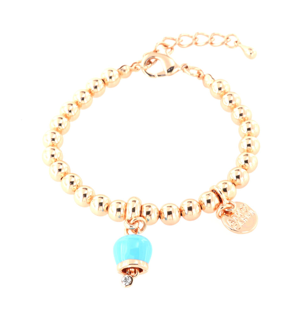 Metal bracelet of ball jersey, with a pendant charms bell, embellished with turquoise enamel and light point