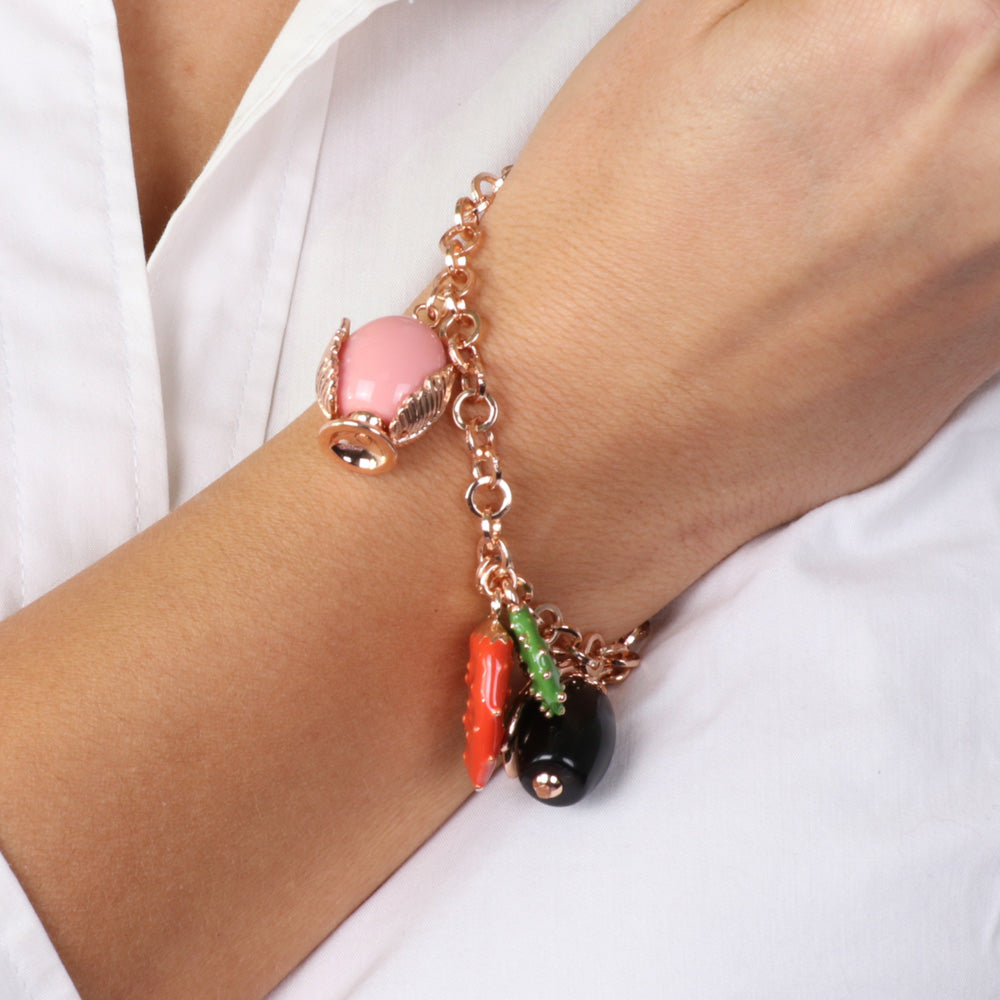 Metal bracelet with olive, pumo, and pendant prickly pear, embellished with colored glazes