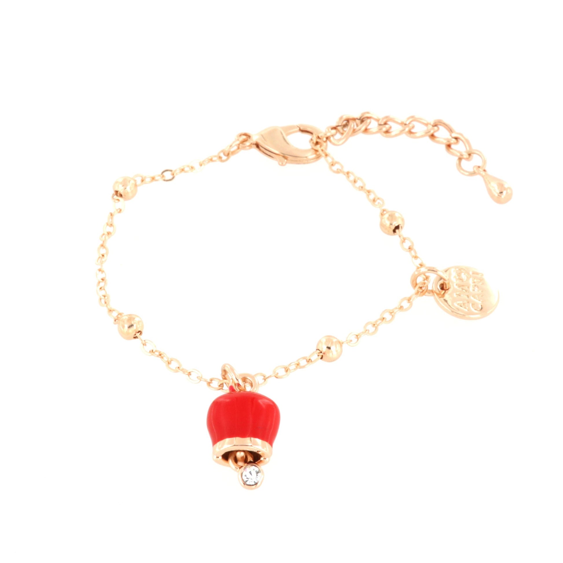 Metal bracelet with pendant charm bell, embellished with red enamel and light point