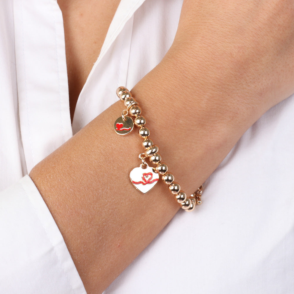 Metal bracelet spheres shirt, with pendant heart embellished with a red heart enamel design