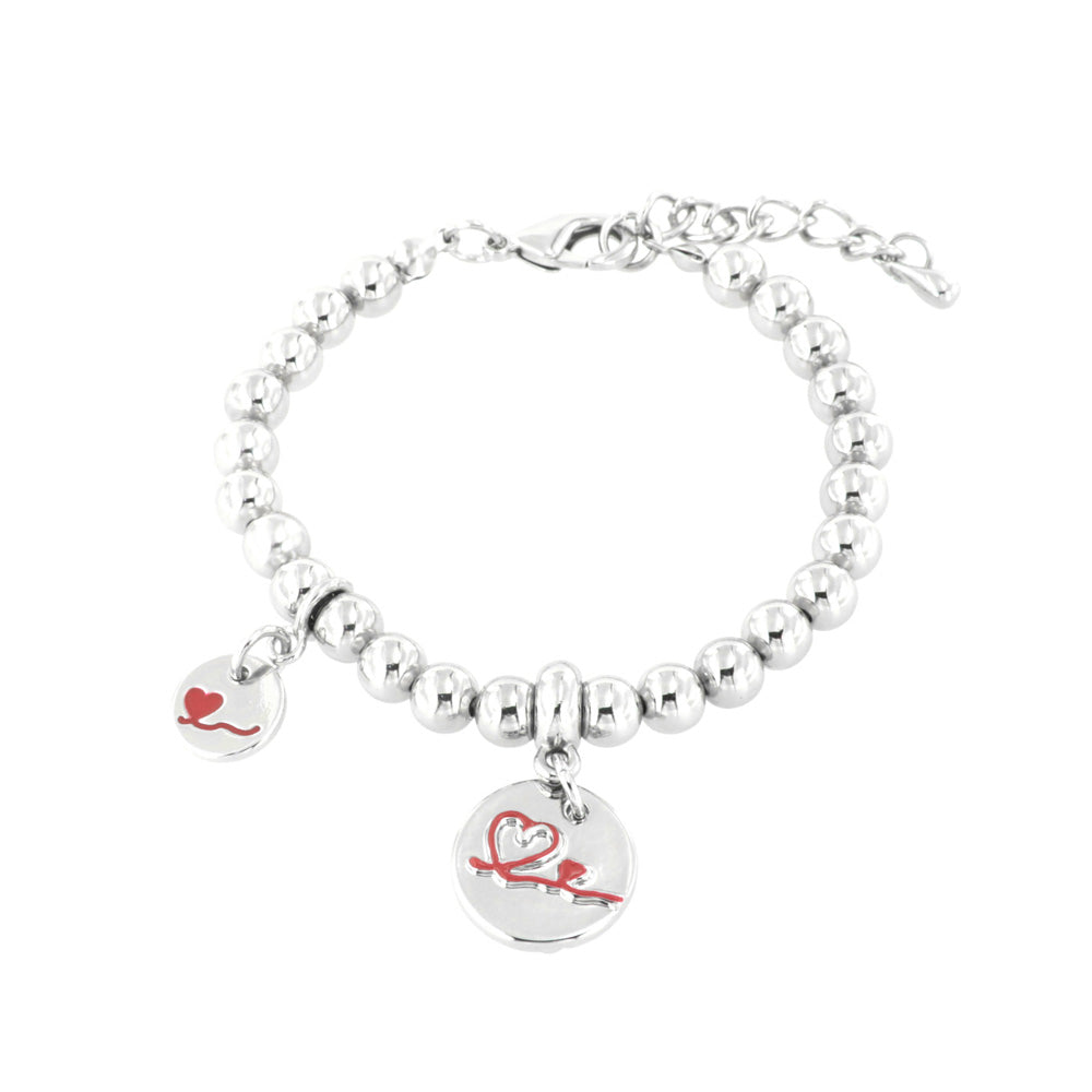 Metal bracelet spheres shirt, with pendant heart embellished with a red heart enamel design