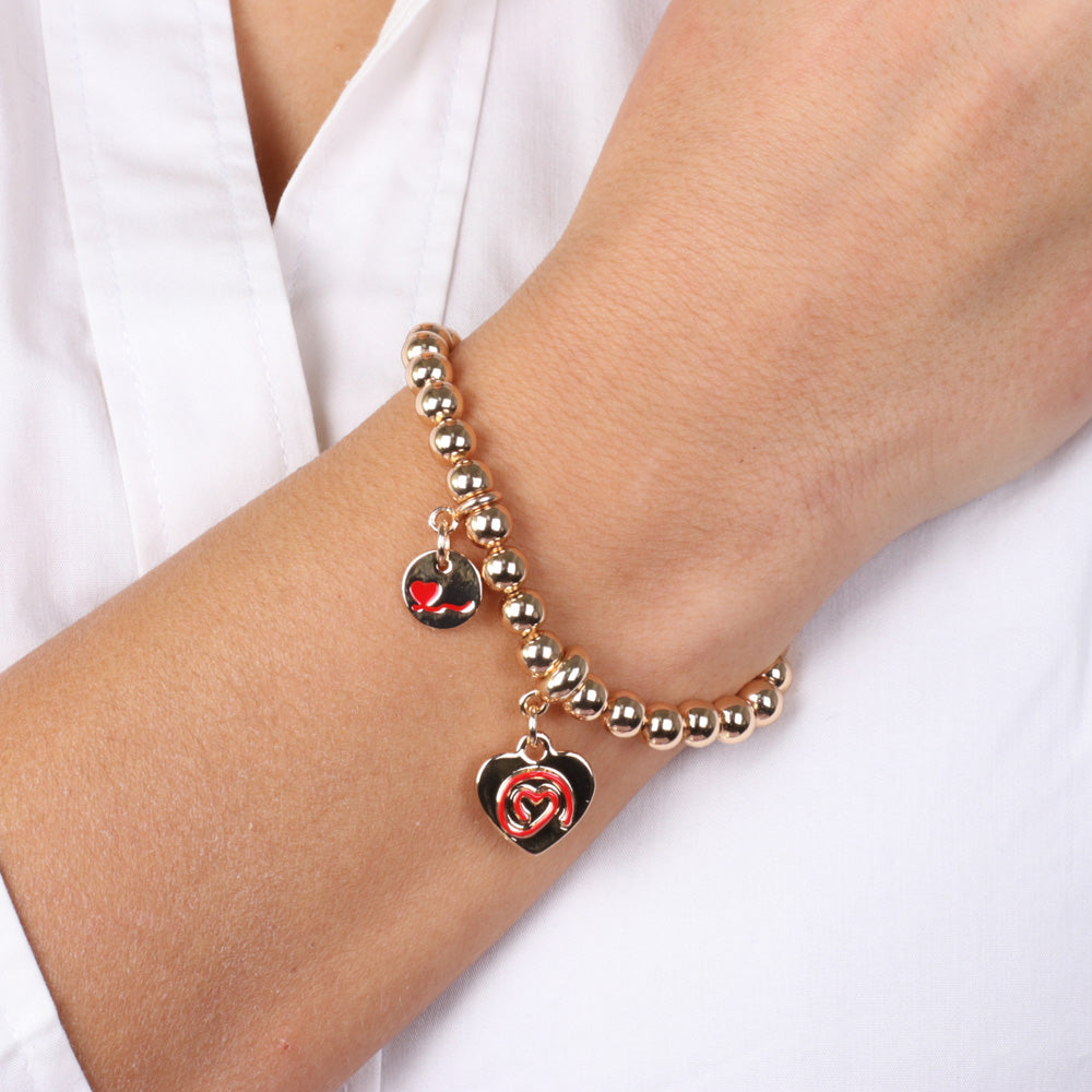 Metal bracelet spheres shirt, with pendant heart embellished with a red heart enamel design