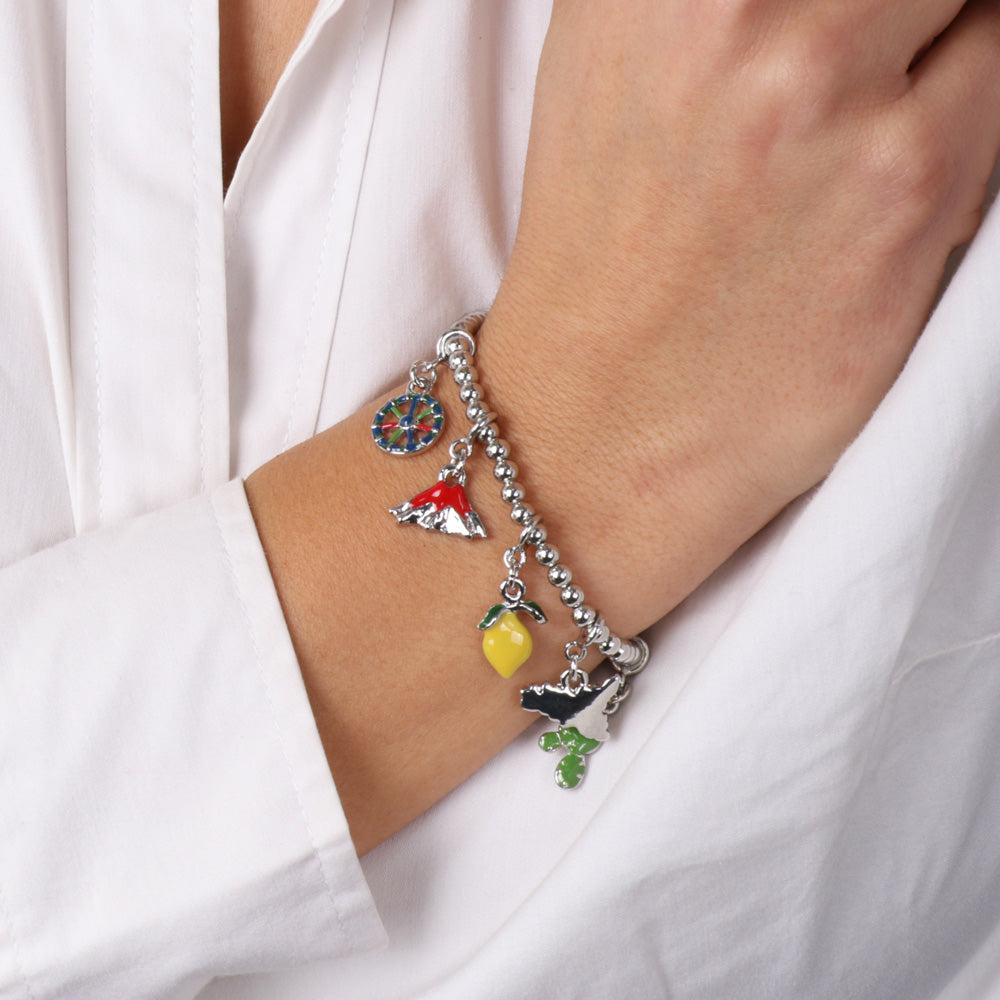 Metal bracelet with Sicilian charm, Etna volcano, prickly pear and lemon