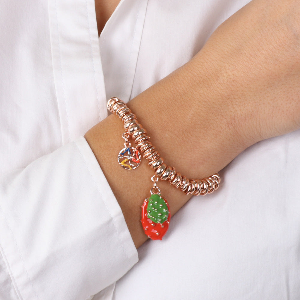 Metal bracelet with rings with pendant India prickly pears, embellished with colored glazes