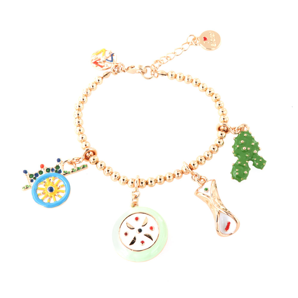 Metal bracelet with Sicilian charms, cart, prickly pear, cassata and cannolo