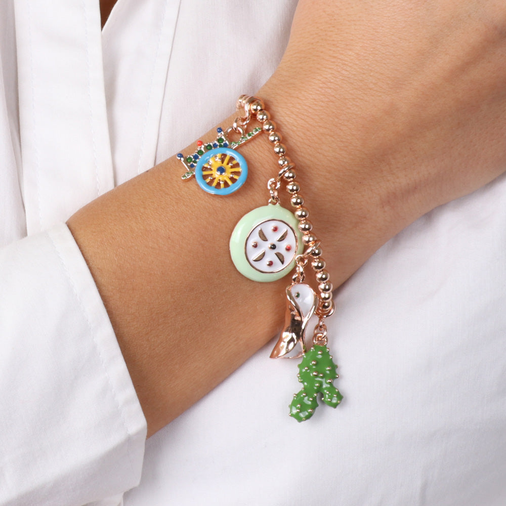 Metal bracelet with Sicilian charms, cart, prickly pear, cassata and cannolo
