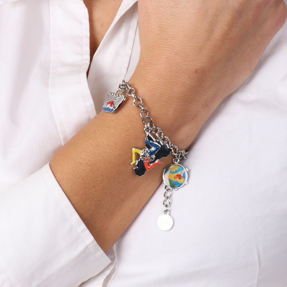 Metal bracelet with Sicilian colored charms: Coffa, Tamburello and Sicily