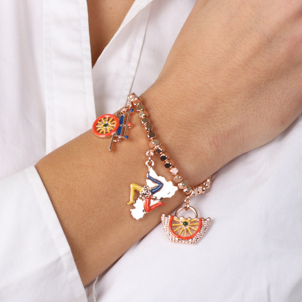 Metal bracelet with Sicialian colored charms: Coffa, Tamburello and Sicily