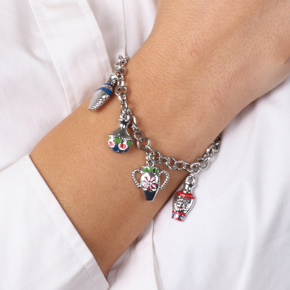 Metal bracelet rolò shirt, multicidal, with pendant amphorae, embellished with colored glazes