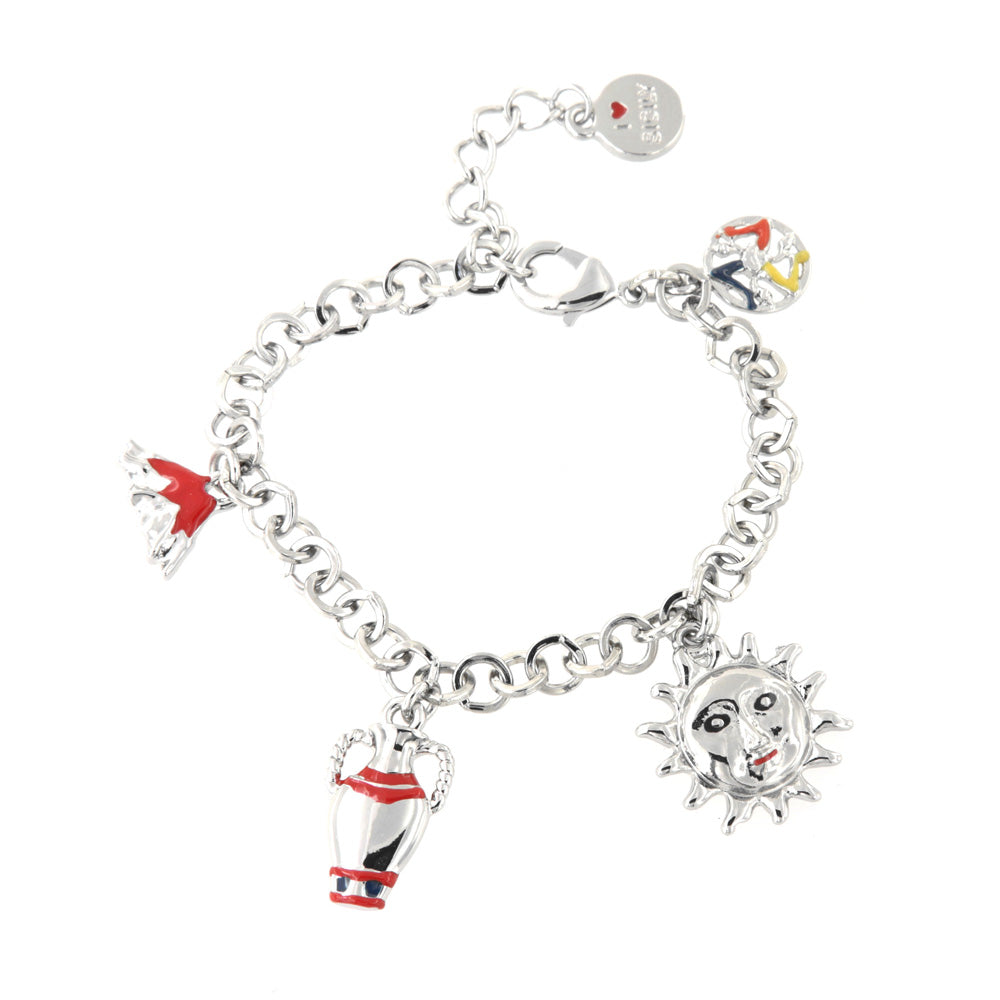 Rolò shirt metal bracelet, with Etna, amphora and sun pendants, embellished with colored glazes