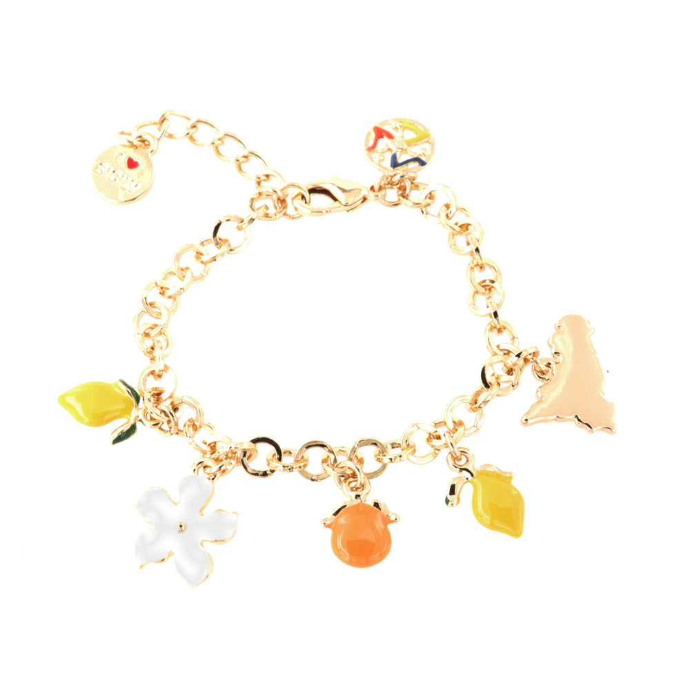 Rolò shirt metal bracelet. With citrus fruits of Sicily and pending flowers, embellished with colored glazes