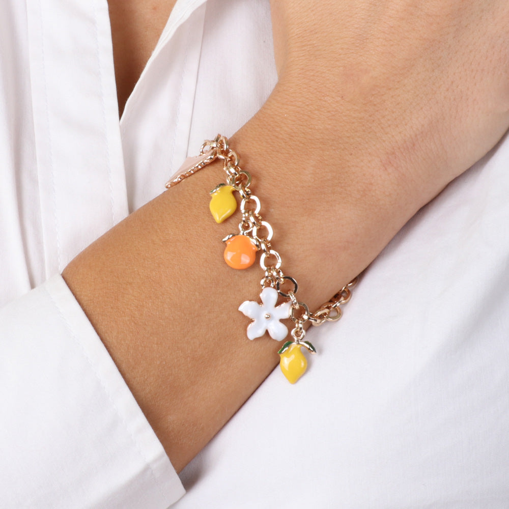 Rolò shirt metal bracelet. With citrus fruits of Sicily and pending flowers, embellished with colored glazes