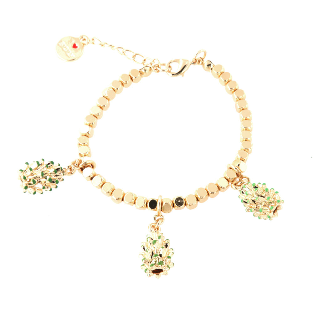 Metal bracelet with diced jersey, with trio of pendant Sicilian pine cones, embellished with green enamel tips